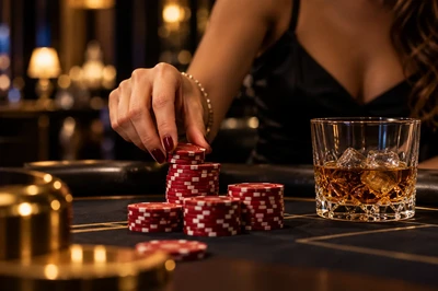 Hand with chips and a whisky glass