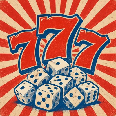Retro jackpot poster with three red sevens and dice