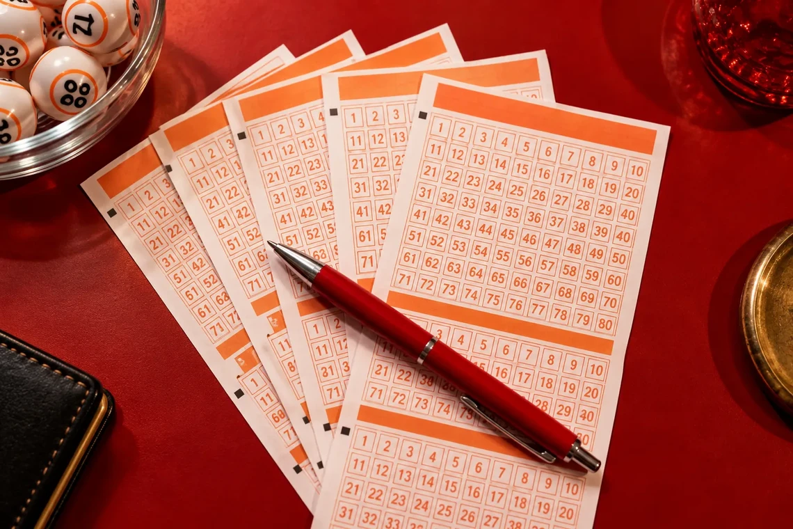 Keno slips and a red pen on a red table