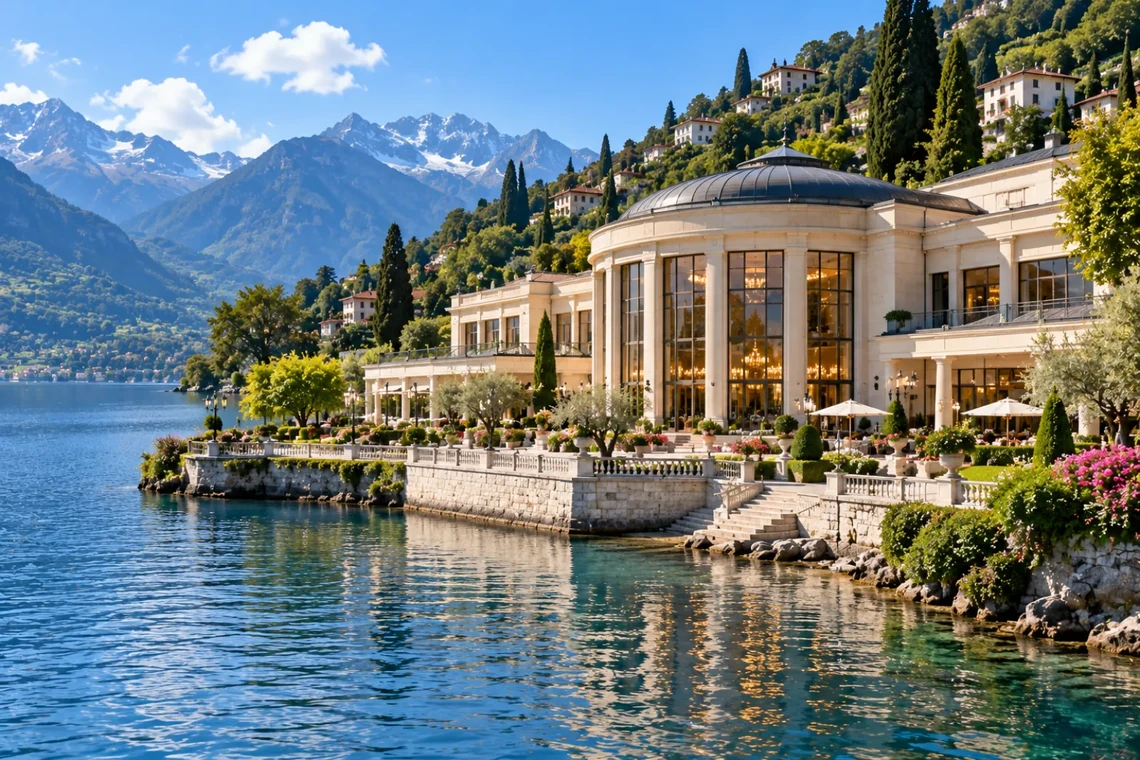 Modern casino building on the shore of an alpine lake