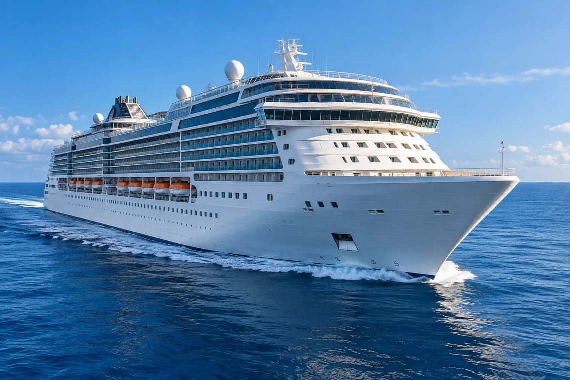 White luxury cruise ship sailing on a deep blue sea