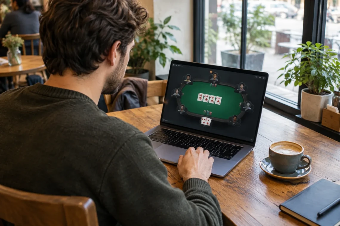 Man playing online poker on a laptop in a cafe