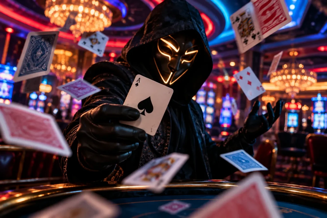 Masked card player under neon lights