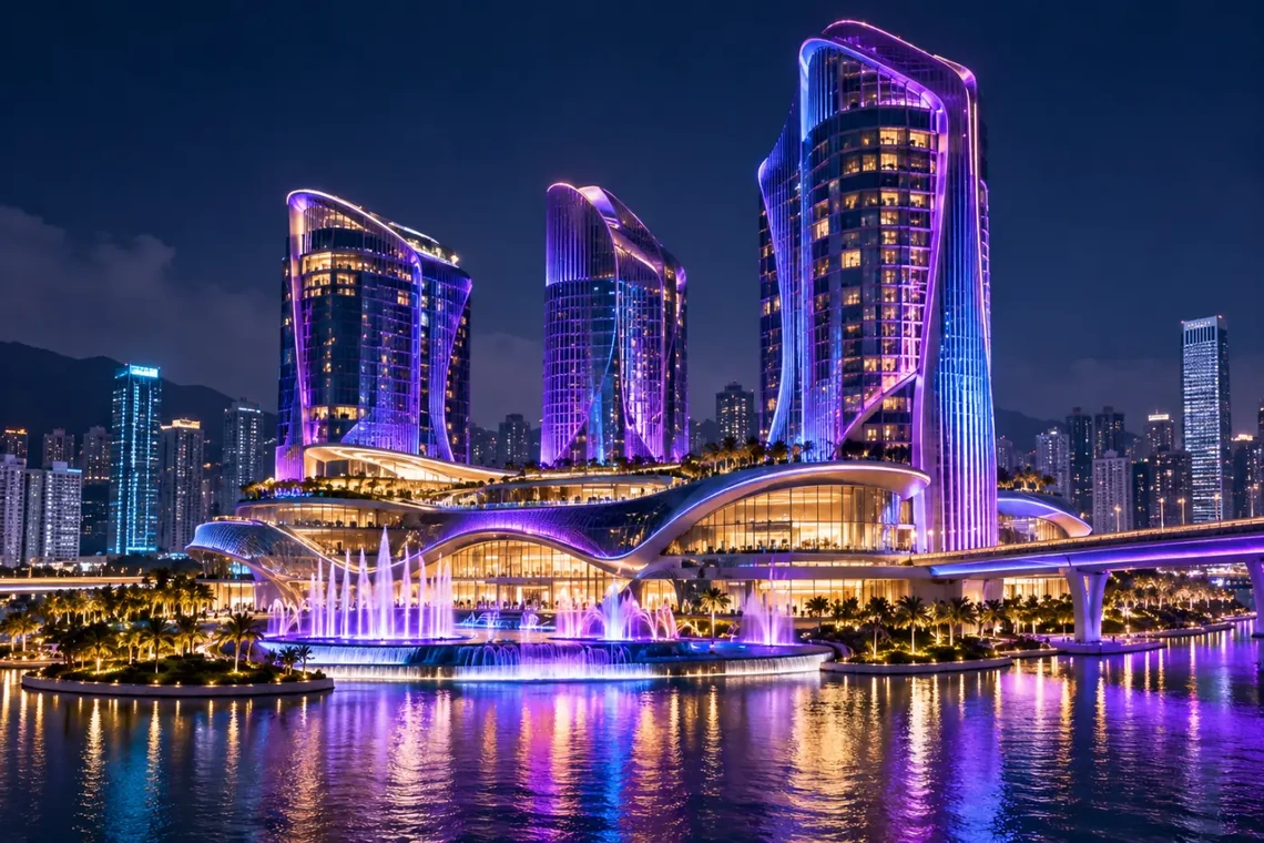 Modern casino towers in a Macau style skyline