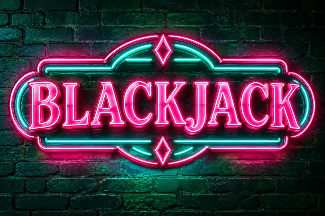 Neon blackjack sign with two playing cards