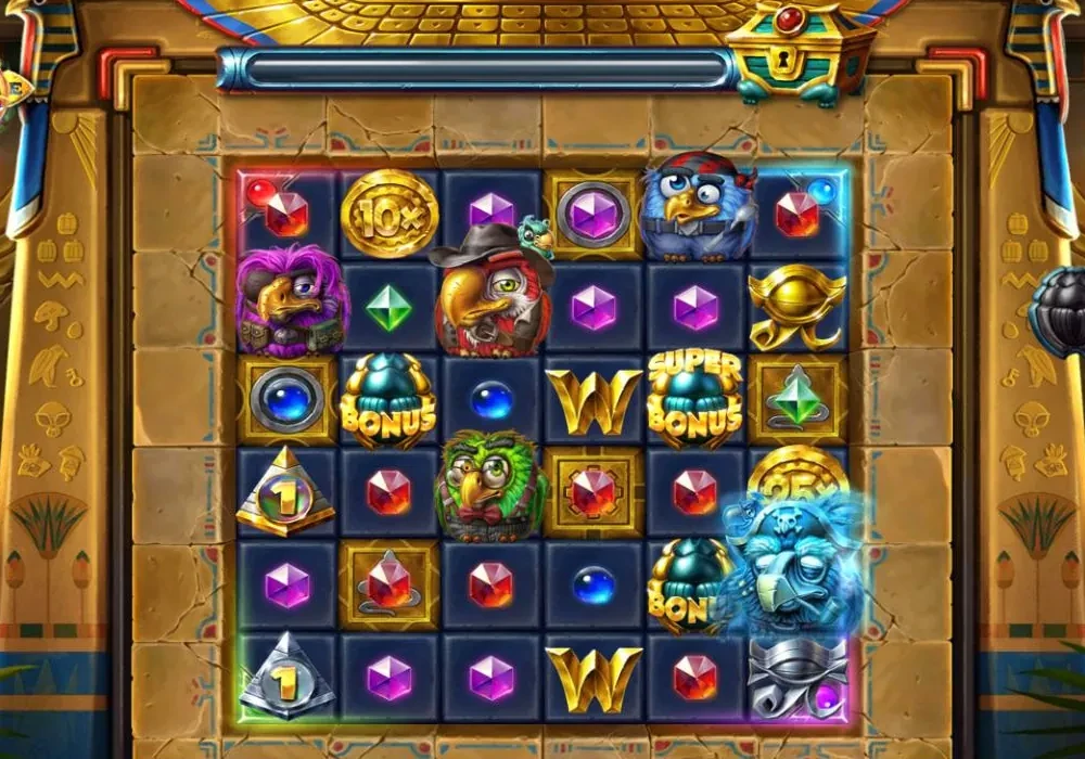 Pirots 5 base game in the Cursed Temple, four birds on a 6x6 grid of coloured gems with wilds and bonus scarabs