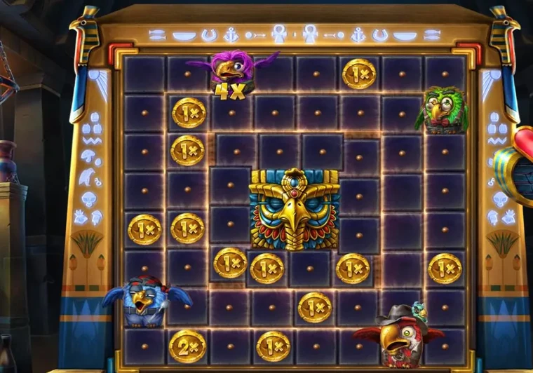 Pirots 5 Cursed Temple coin game on an 8x8 grid, Cursed Treasure in the middle and a bird in each corner