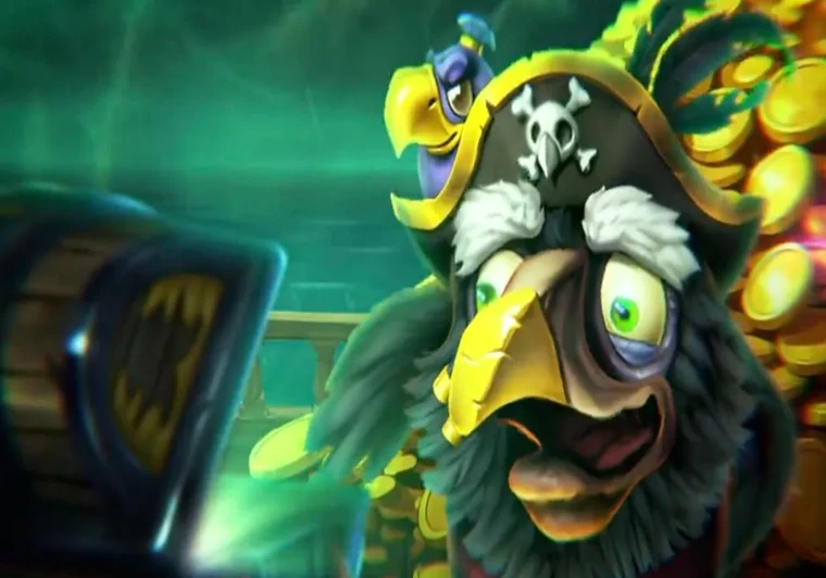 Captain Blackfeather in the Pirots 5 video intro, standing in front of a pile of gold coins