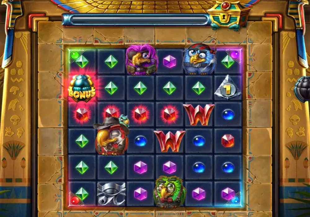 The red bird in Pirots 5 collecting a row of red gems on the grid