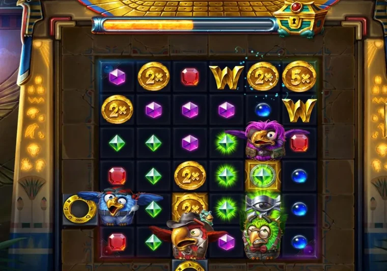 Pirots 5 Super Bonus, coins with 2x and 5x values raining onto the grid before a bonus drop