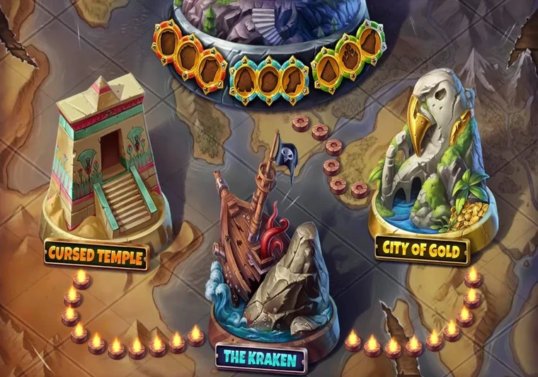 Pirots 5 world map showing the Cursed Temple, The Kraken and City of Gold