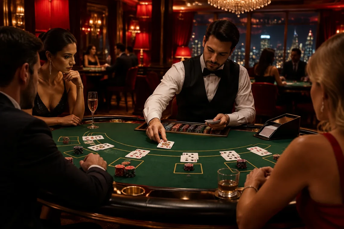 Players at a blackjack table on casino night