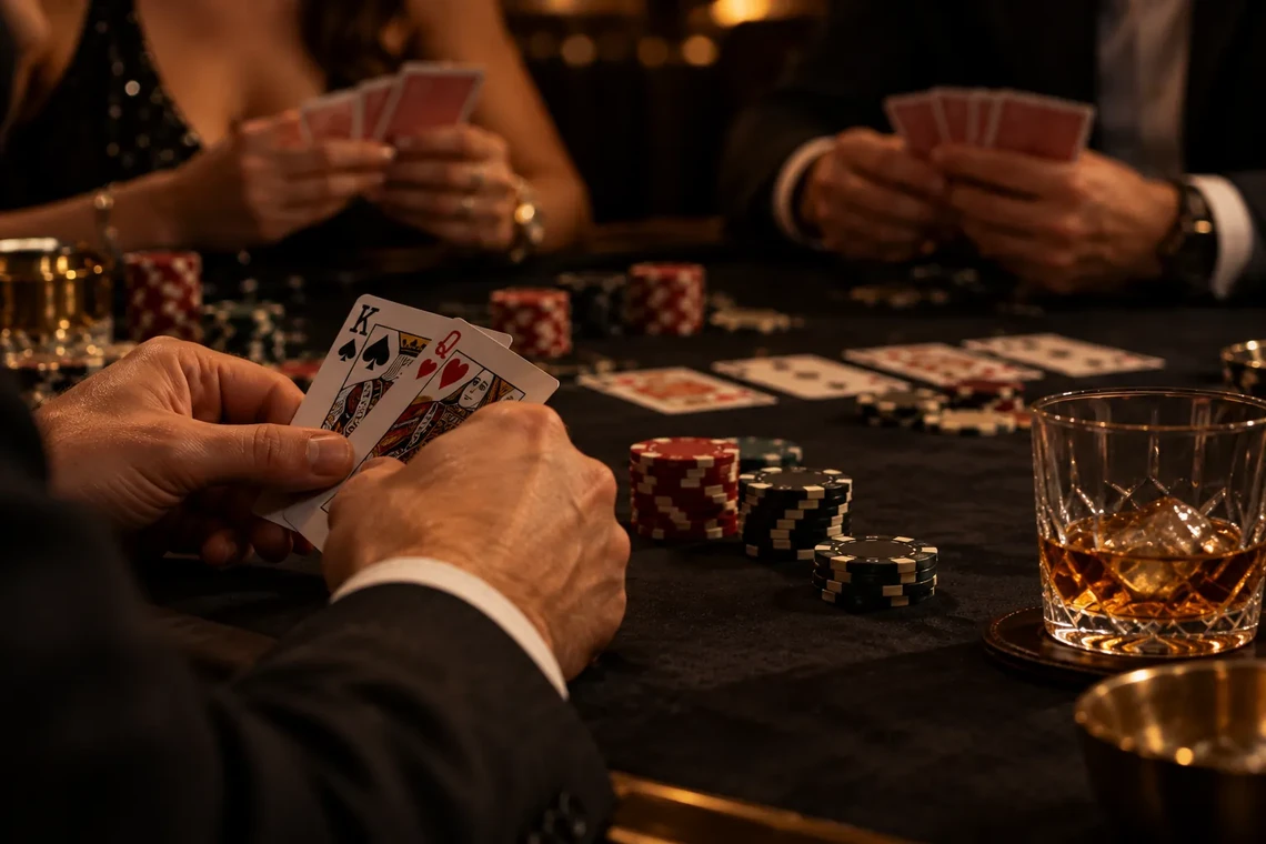 Poker players with cards and chips at the table