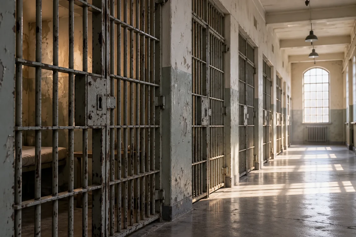 Row of prison cells with iron bars