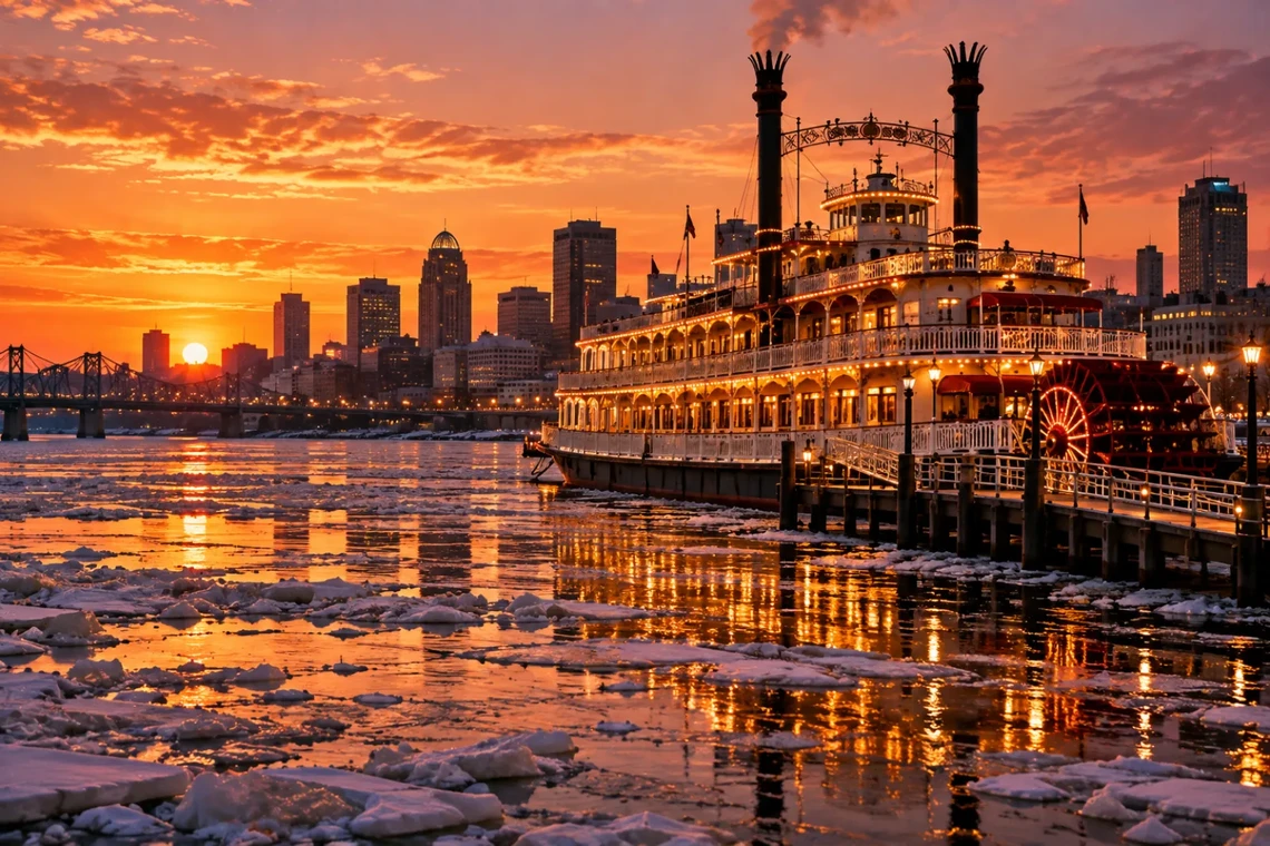 Paddle steamer riverboat casino at sunset