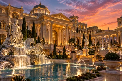 Grand palace style casino complex with fountains
