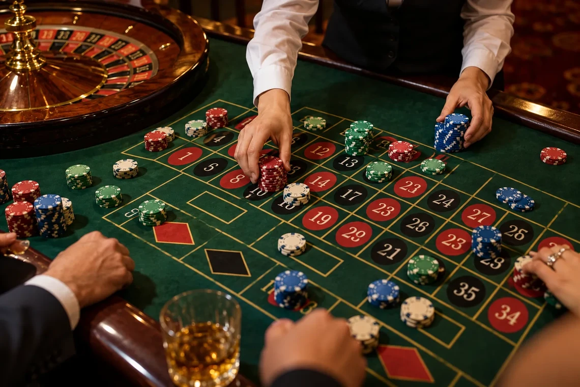 Roulette dealer sorting chips on the betting layout