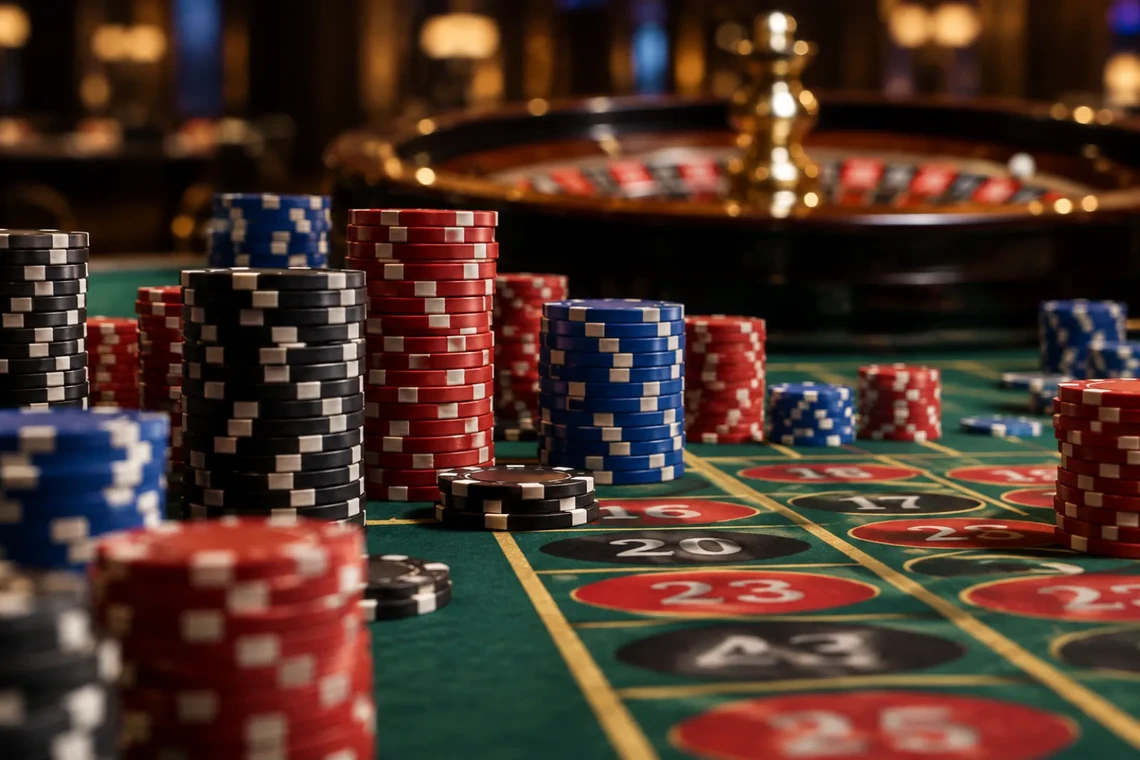 Roulette table with stacks of casino chips