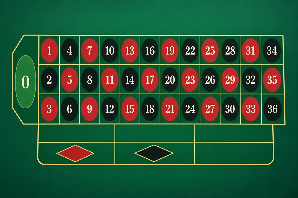 Roulette betting layout with red and black numbers