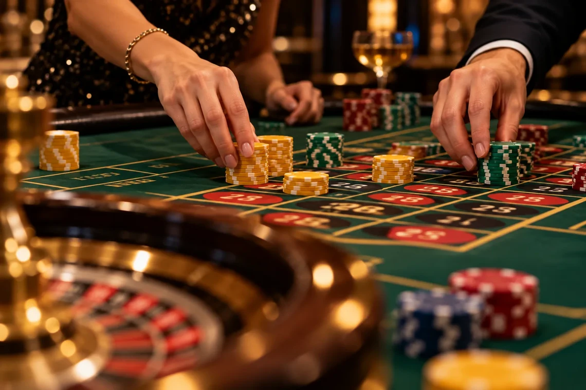 Hands placing chips on a roulette table