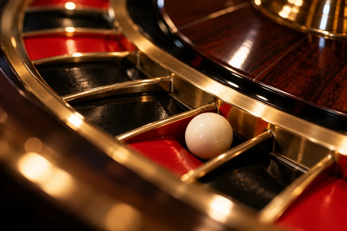 Roulette ball close up on the wheel
