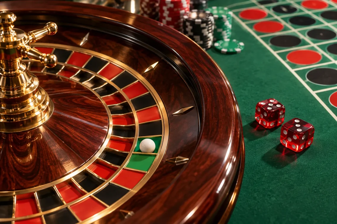 Roulette wheel with red dice beside the betting layout