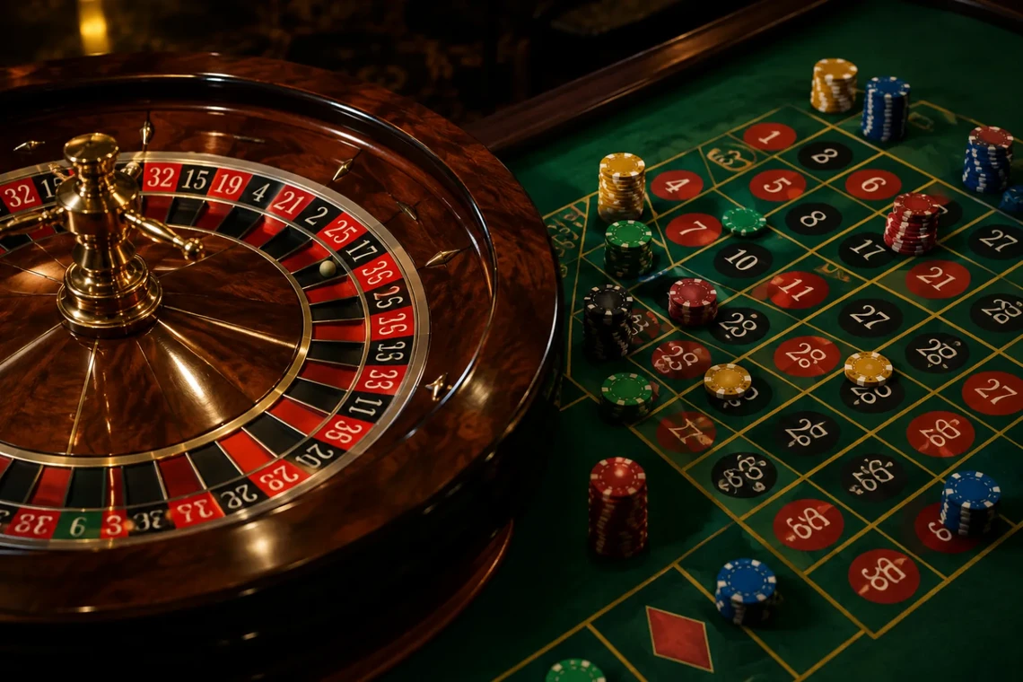 Roulette wheel on a table with chips