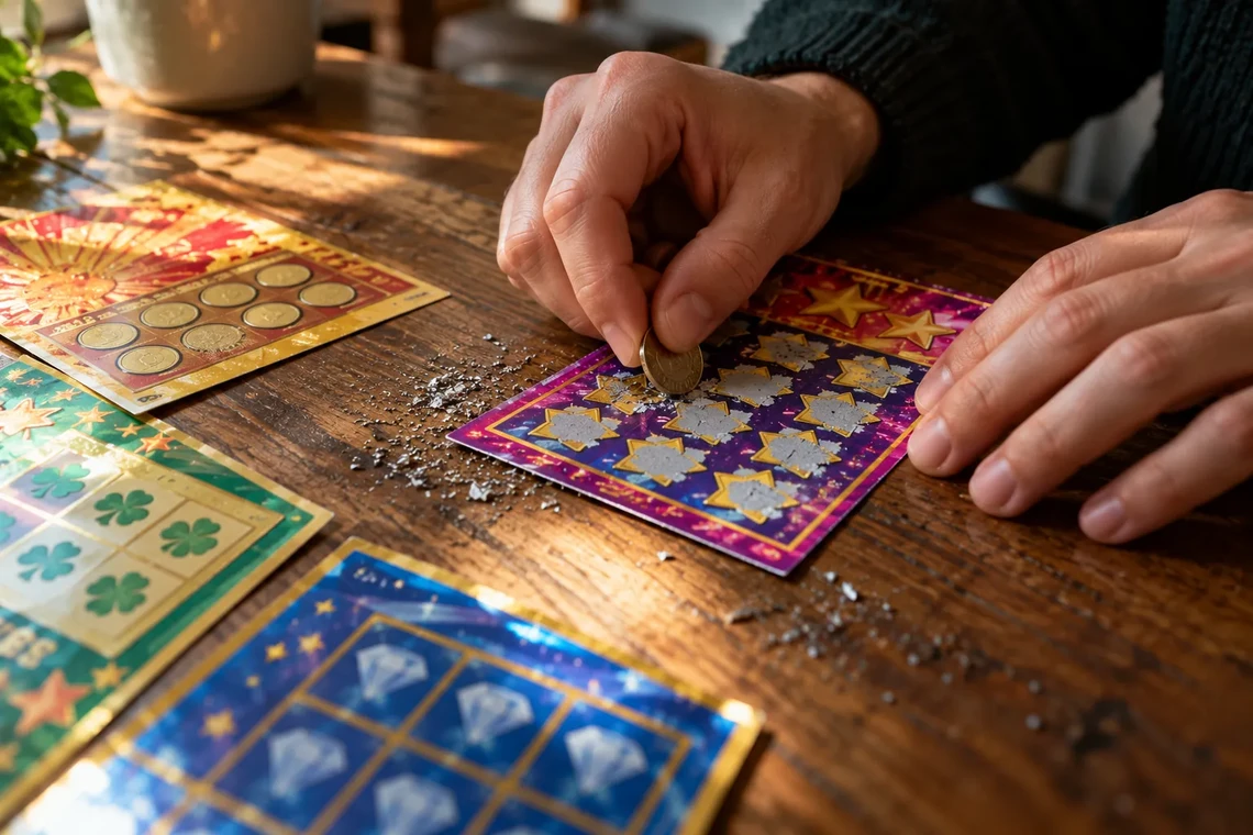 Hands scratching colourful scratch cards with a coin