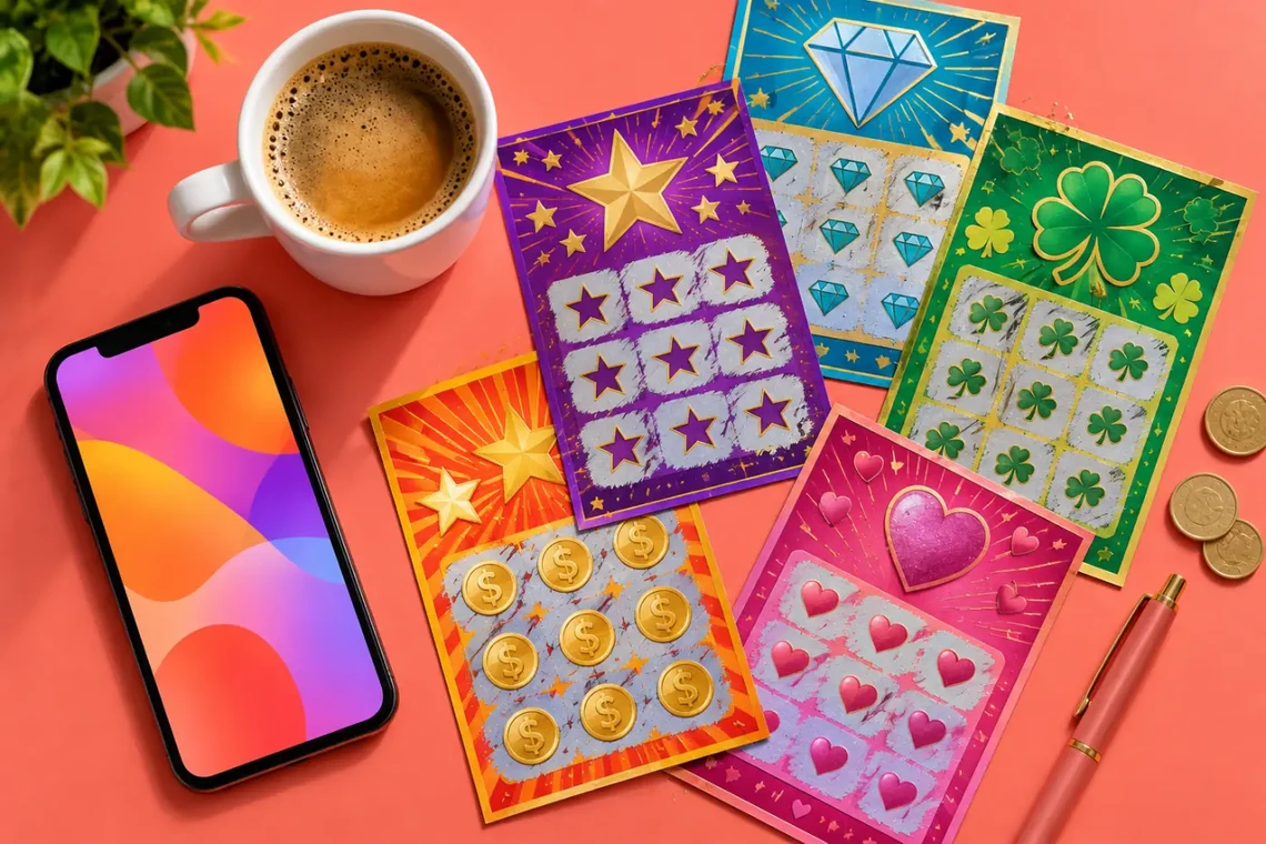 Scratch cards and coffee flat lay