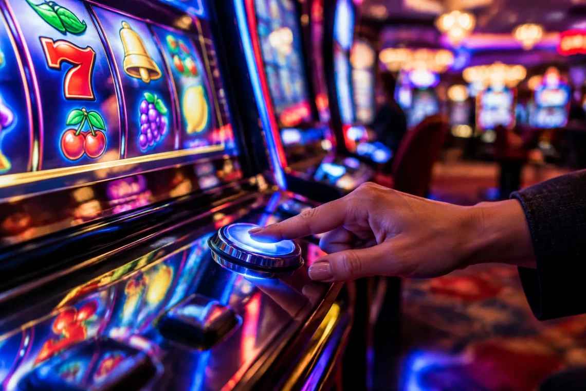 Player pressing the spin button on a glowing slot machine