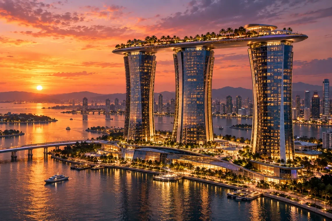 Three tower resort on the waterfront at sunset