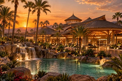 Tropical casino resort beside a lagoon