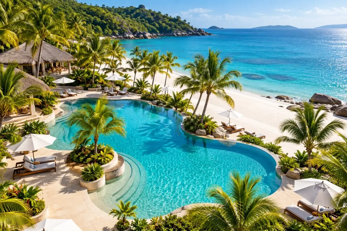 Tropical resort pool next to the beach