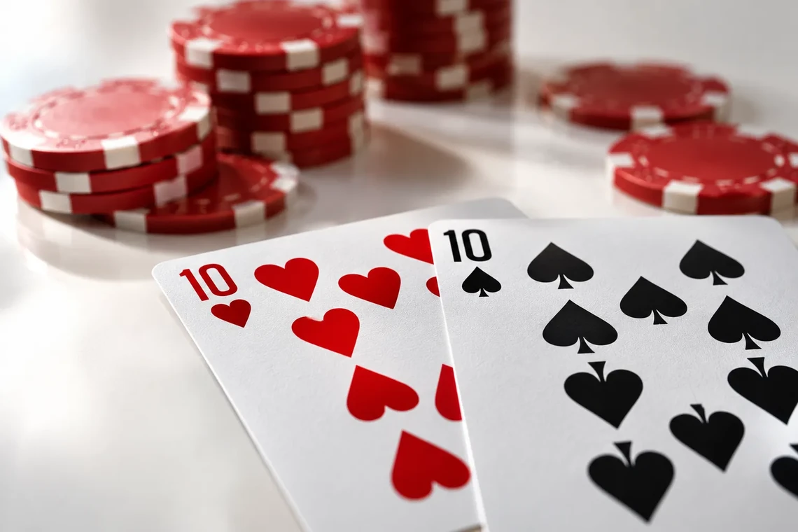 Pair of tens beside red casino chips