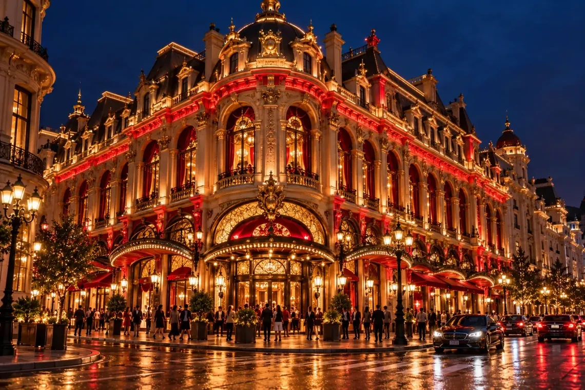 Victorian casino facade at night