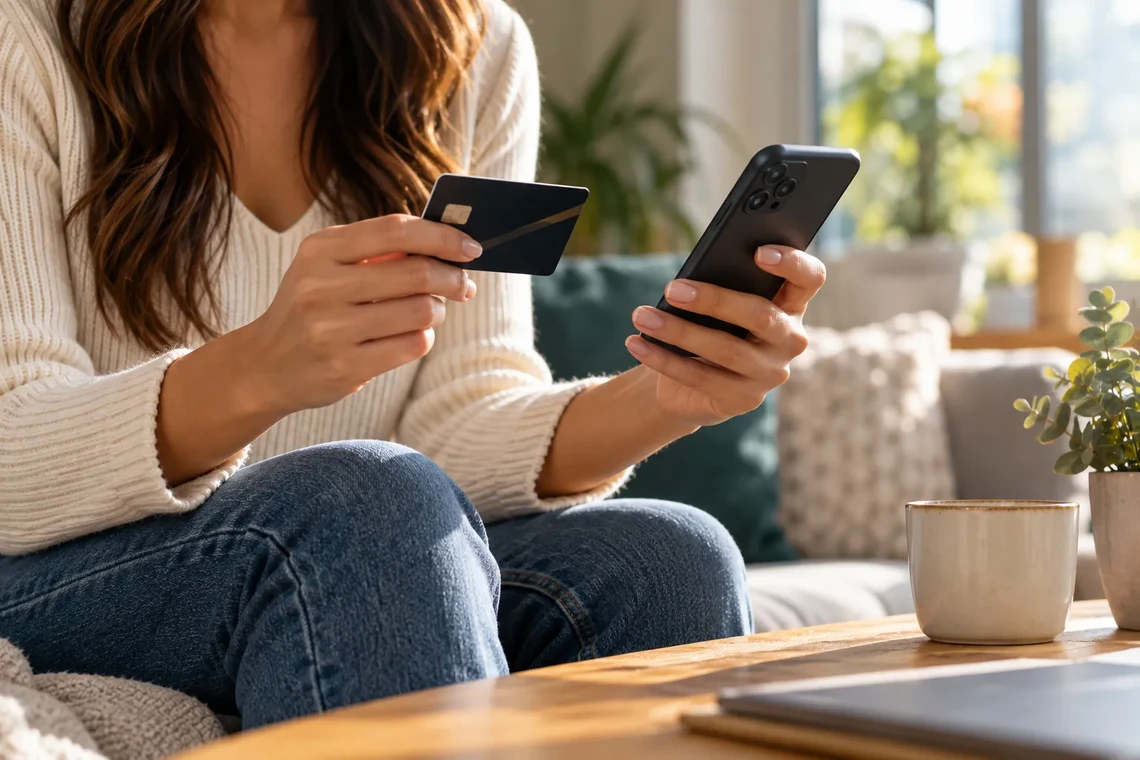 Woman paying on her phone with a bank card