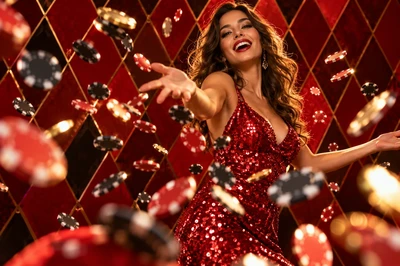 Woman in a red dress with casino chips
