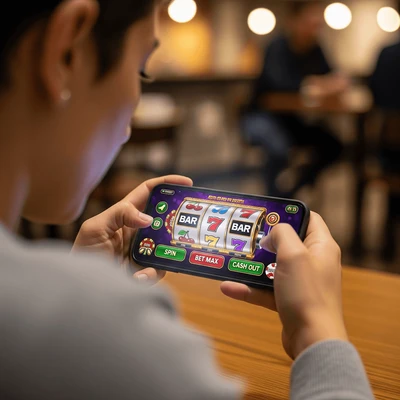 someone playing a mobile slot machine